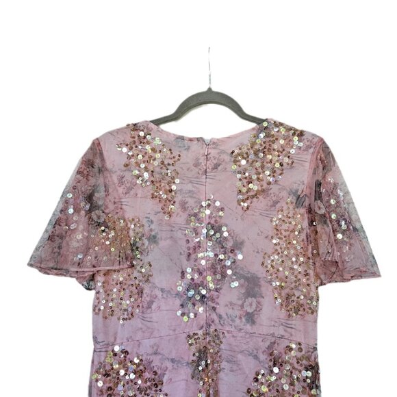 NWT Ieena for Mac Duggal Sequin Mesh Flutter Sleeve Faux Wrap Midi Dress Rose 12 - Picture 9 of 15